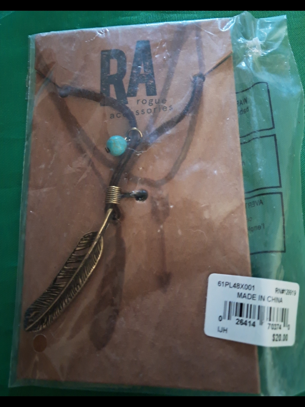 Bronze Feather Necklace with Turquoise Bead